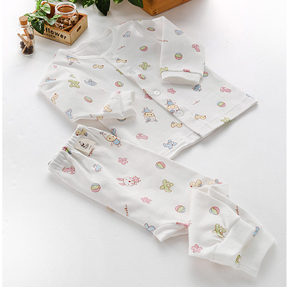 Hipzoo Organic Cotton Baby Pajama Set β Toy Print Infant & Toddler Loungewear (6M Front-Open / 12β24M Shoulder Snap) β Made in Korea