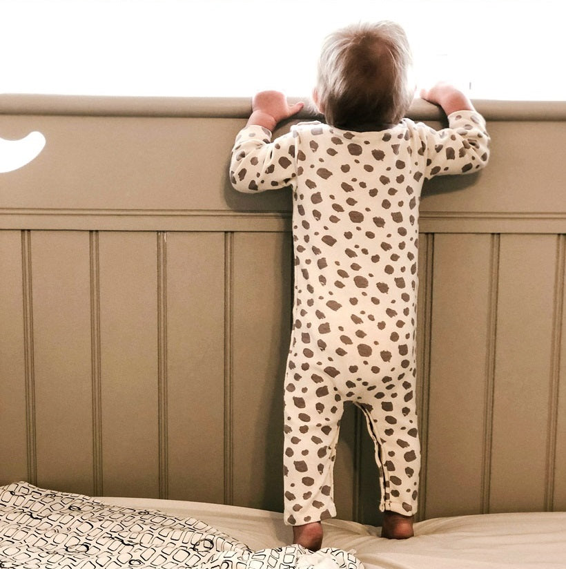 Hipzoo Organic Cotton Lion Baby Romper – Leopard Print Stretch Rib Jumpsuit | Made in Korea