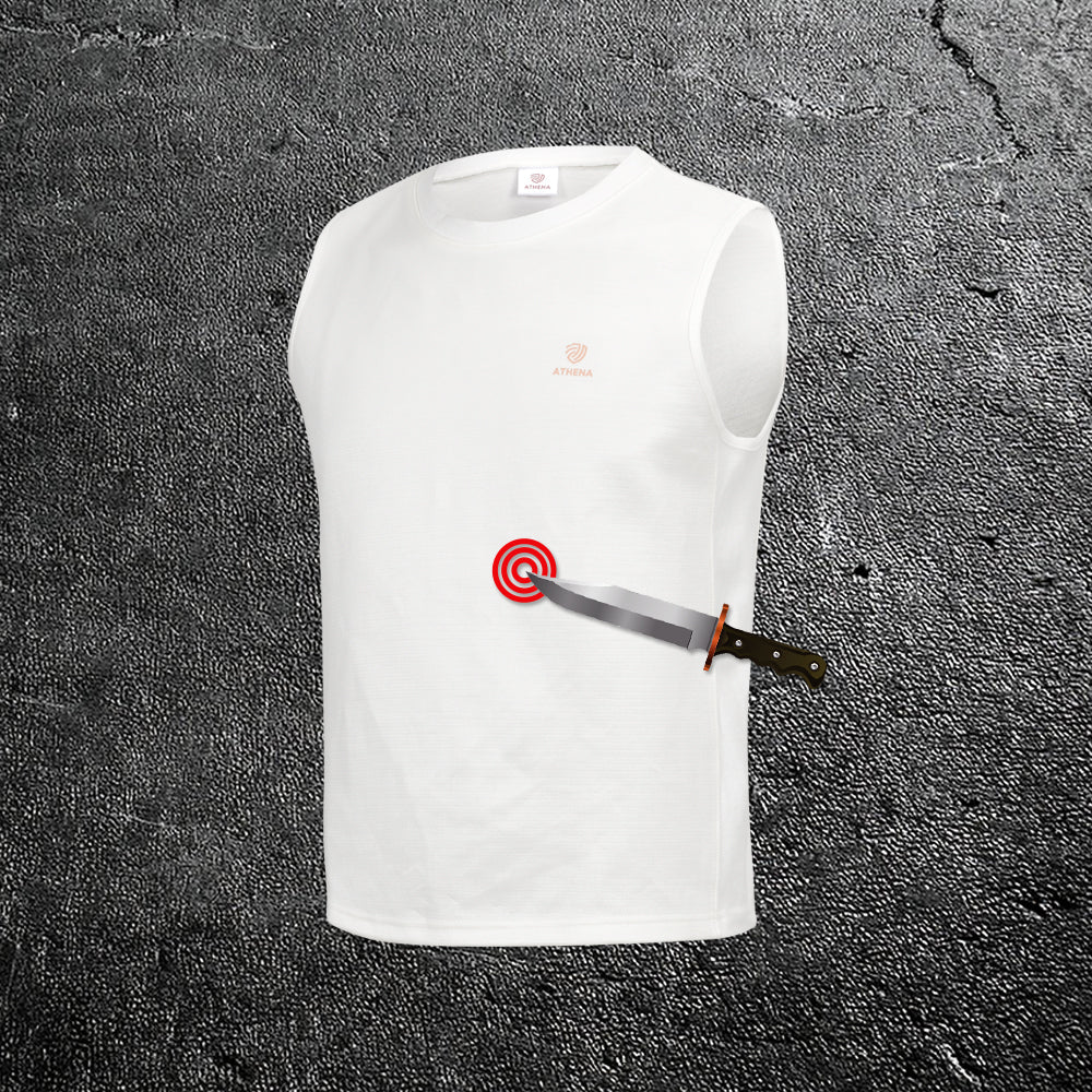 Stab-resistant shirt demonstrating knife impact resistance – white protective vest made in Korea for personal safety