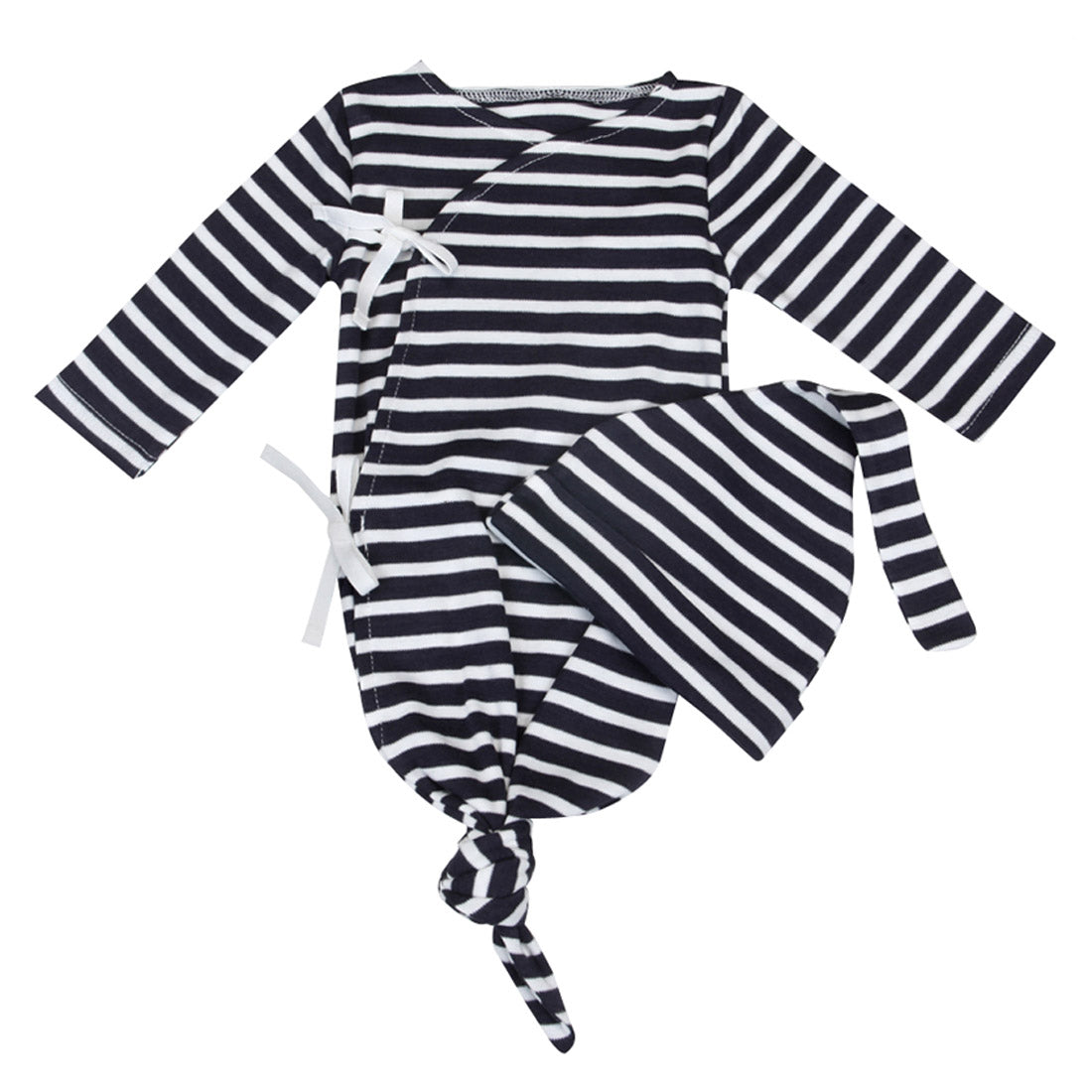 HIPZOO Organic Bamboo Stripe Newborn Gown Set – Ultra Soft Breathable Baby Sleepwear with Matching Hat