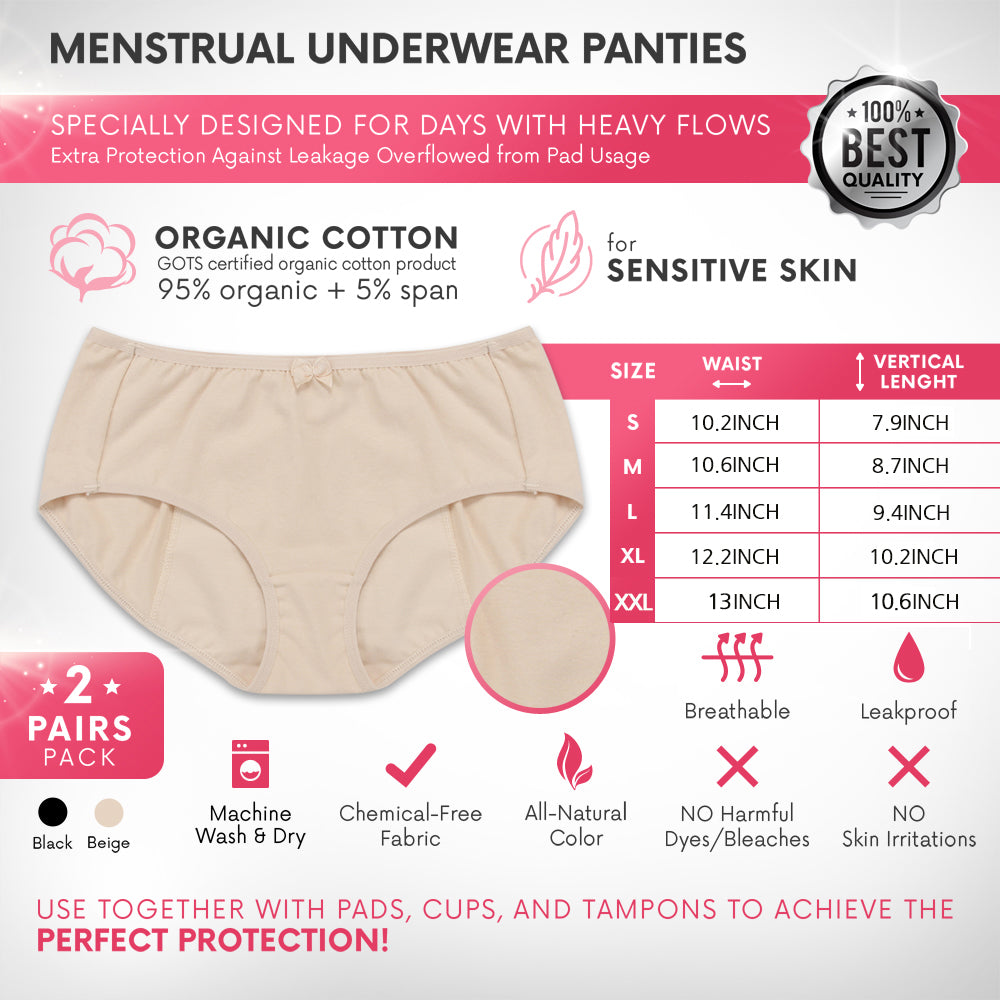 Organic Cotton Menstrual Underwear - Leakproof, Chemical-Free, 2 pair pack