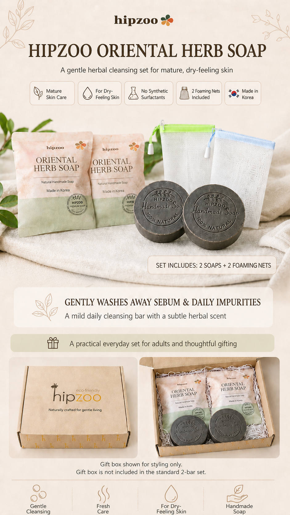 HIPZOO Oriental Herbal Handmade Soap Set – 2 Bars + 2 Foaming Nets