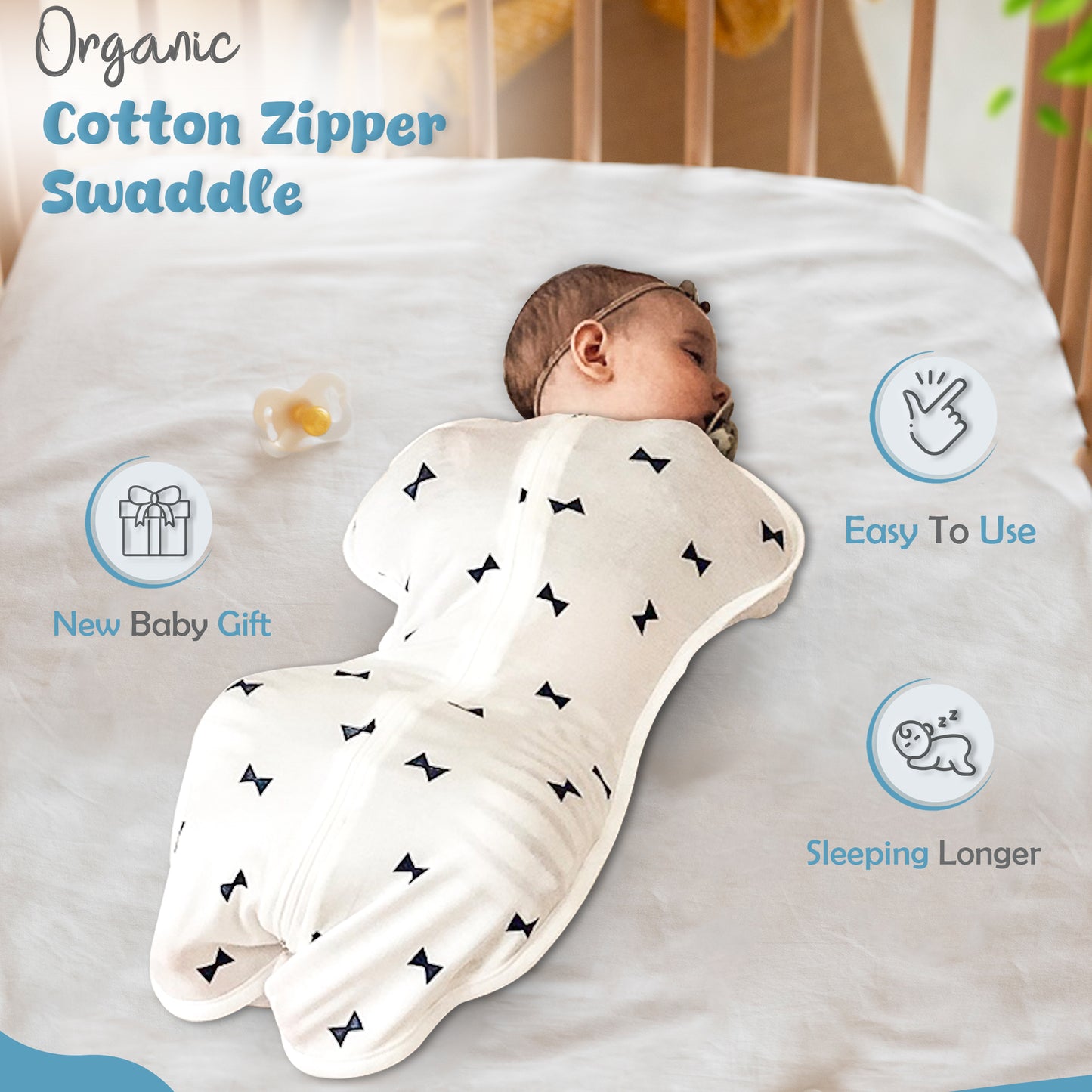 Hipzoo Eco-Friendly Bamboo/Cotton Zipper Swaddle - Ribbon Print