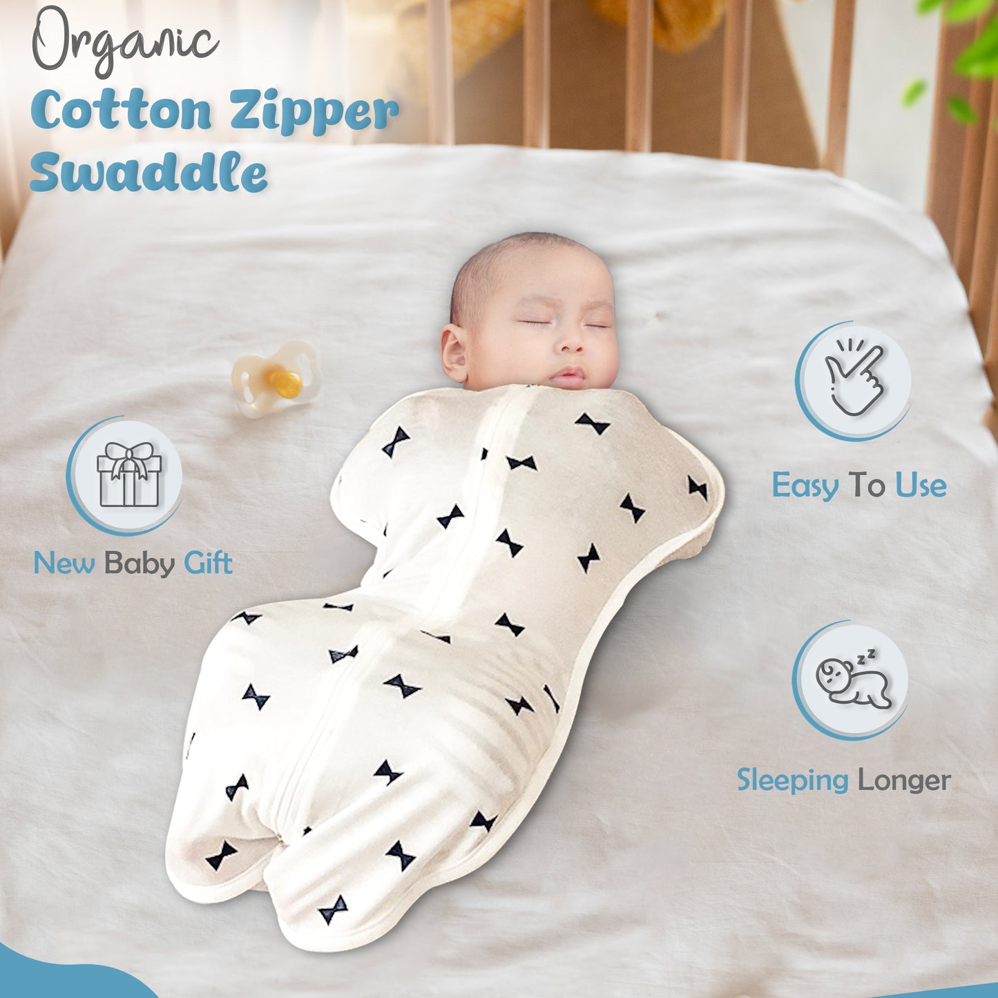 Hipzoo Eco-Friendly Bamboo/Cotton Zipper Swaddle - Ribbon Print