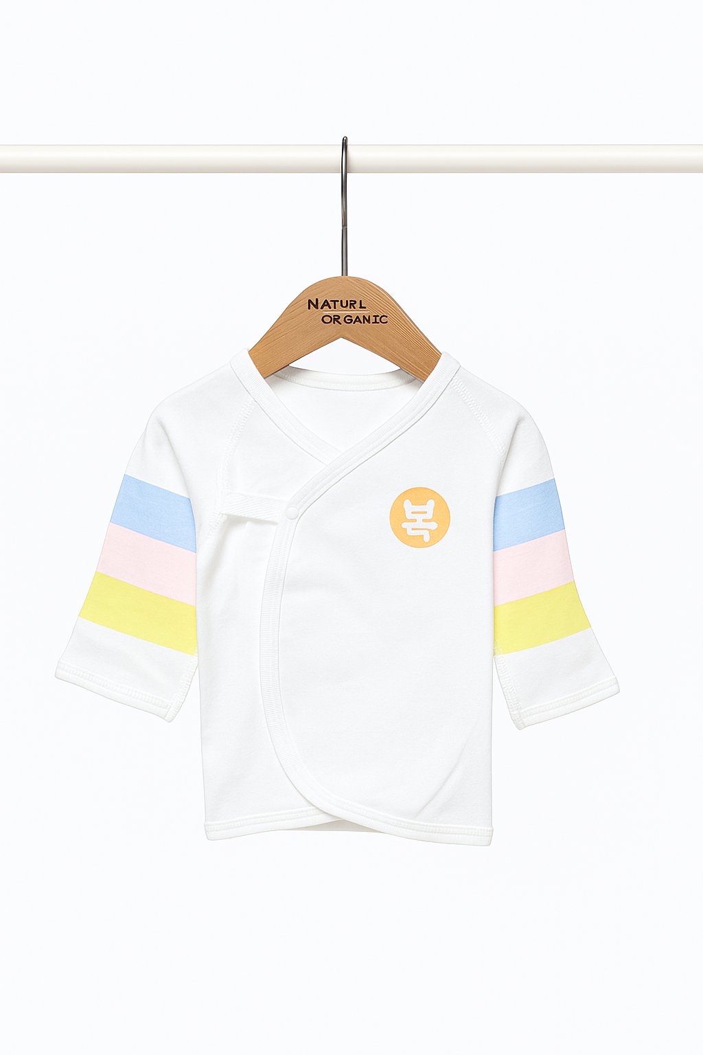 HIPZOO off-white organic cotton newborn jeogori with pastel saekdong sleeves and Korean bok motif, front view