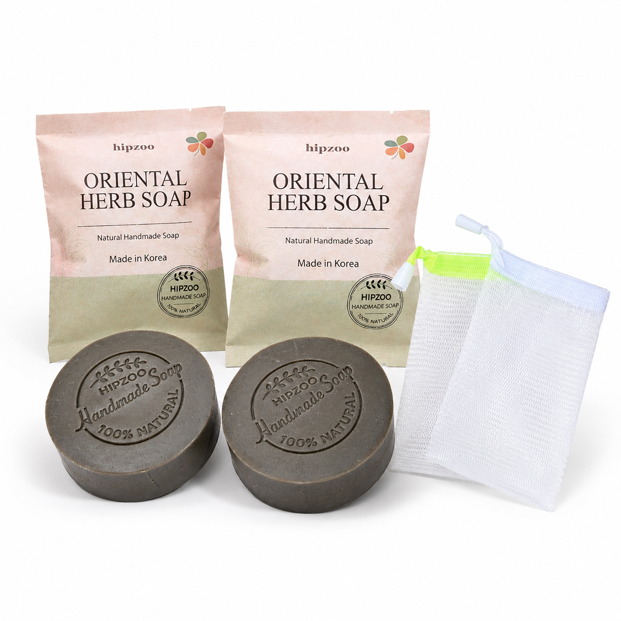 HIPZOO Oriental Herbal Handmade Soap Set – 2 Bars + 2 Foaming Nets