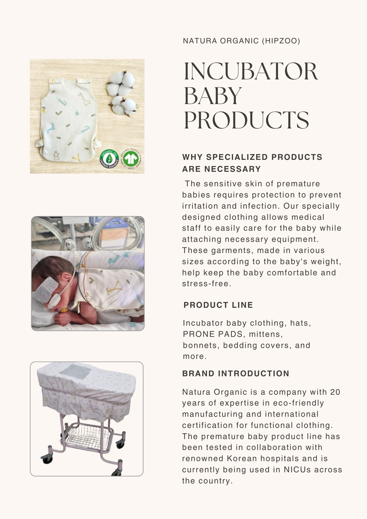 Brochure overview of Hipzoo's organic incubator baby products including clothing, prone pads, and NICU bedding, designed for premature babies