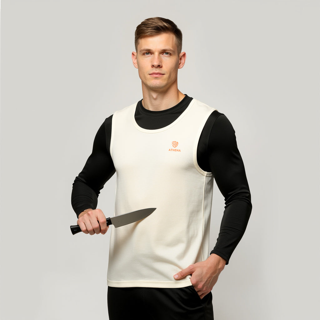 wearing white stab-cut-puncture-resistant sleeveless shirt made in Korea, demonstrating lightweight protective vest