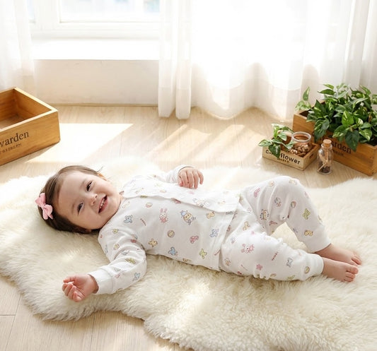 Hipzoo Organic Cotton Baby Pajama Set – Toy Print Infant & Toddler Loungewear (6M Front-Open / 12–24M Shoulder Snap) – Made in Korea