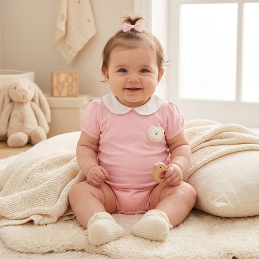 Organic Cotton Pink Collar Baby Bodysuit (OCS Certified) – White Peter Pan Collar | Made in Korea | Hipzoo