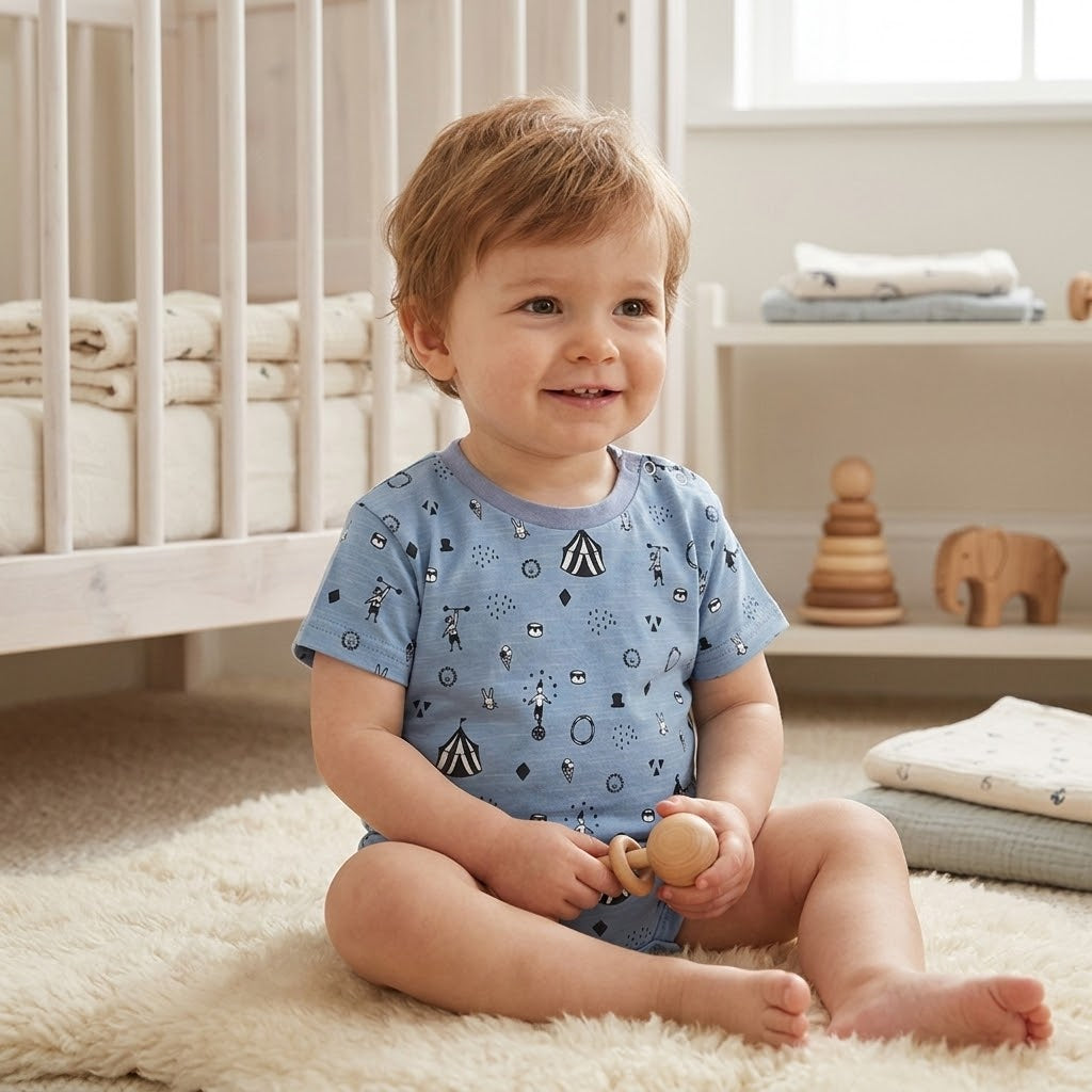 Hipzoo Organic Cotton Circus Print Baby T-Shirt – Soft Slub Cotton Toddler Tee (OCS Certified, Made in Korea)