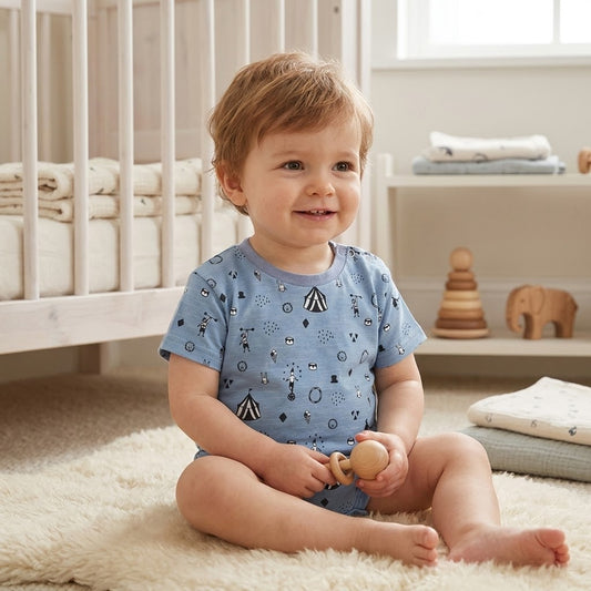 Hipzoo Organic Cotton Circus Print Baby T-Shirt – Soft Slub Cotton Toddler Tee (OCS Certified, Made in Korea)