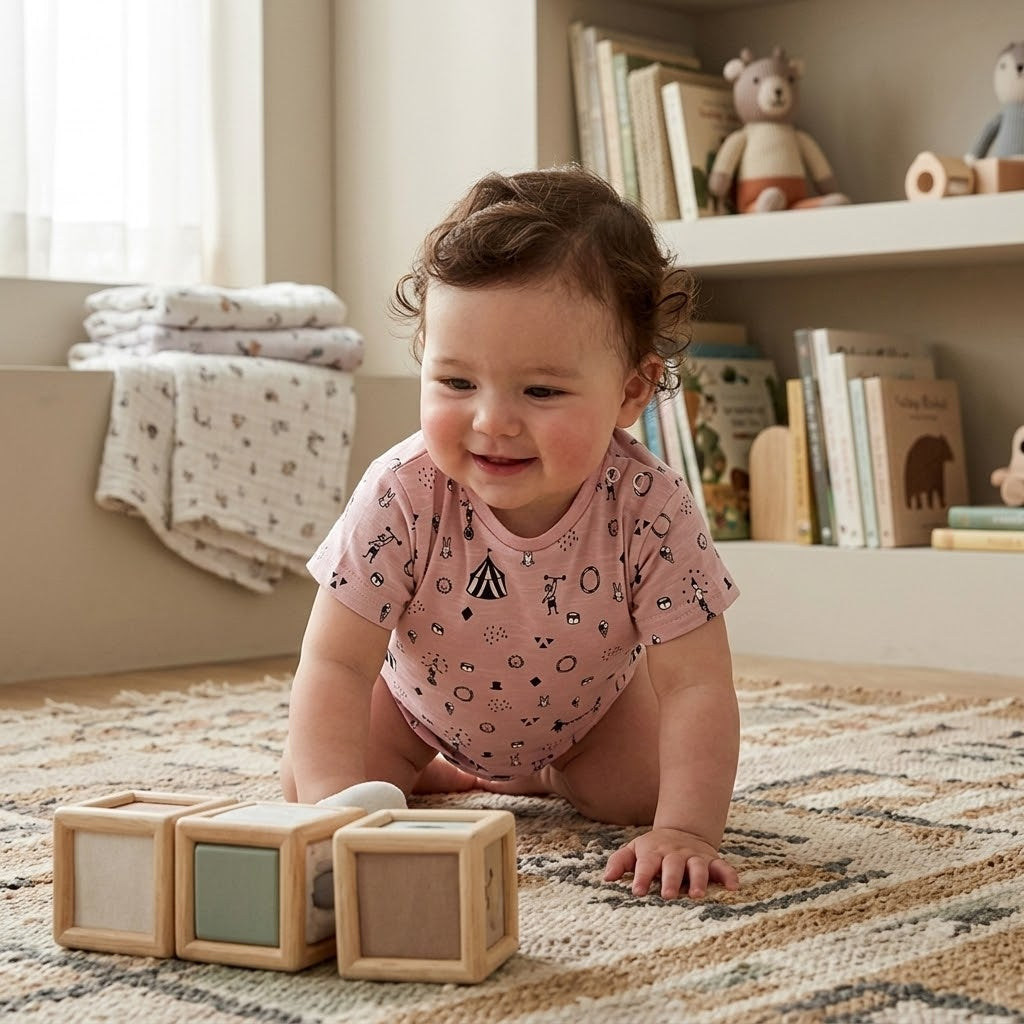 Hipzoo Organic Cotton Circus Print Baby T-Shirt – Soft Slub Cotton Toddler Tee (OCS Certified, Made in Korea)