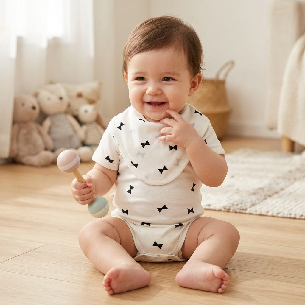 Bamboo Ribbon Short Sleeve Baby Bodysuit & Bib Set – 12M