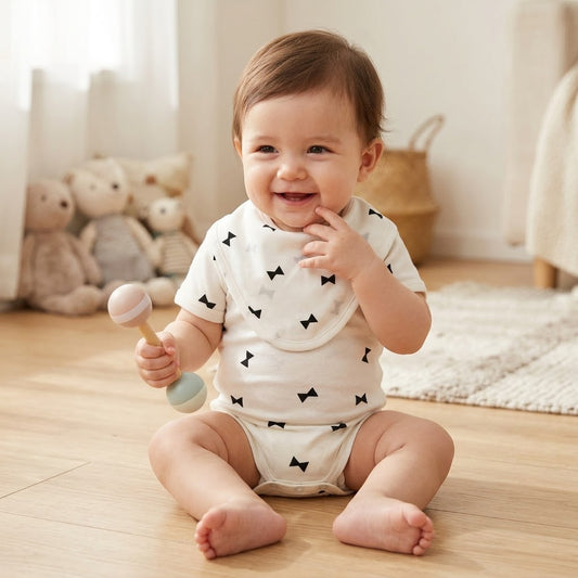 Bamboo Ribbon Short Sleeve Baby Bodysuit & Bib Set – 12M