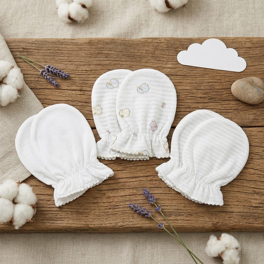HIPZOO Organic Cotton Summer Baby Mittens (3-Pack) – Lightweight Jacquard Newborn No-Scratch Gloves | Made in Korea