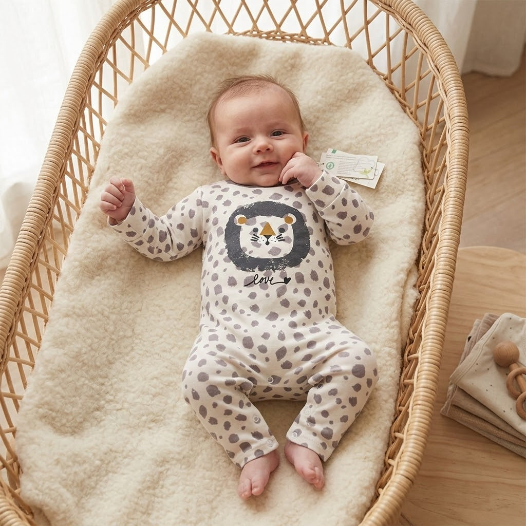 HIPZOO organic cotton lion baby romper with leopard print and stretch rib fabric